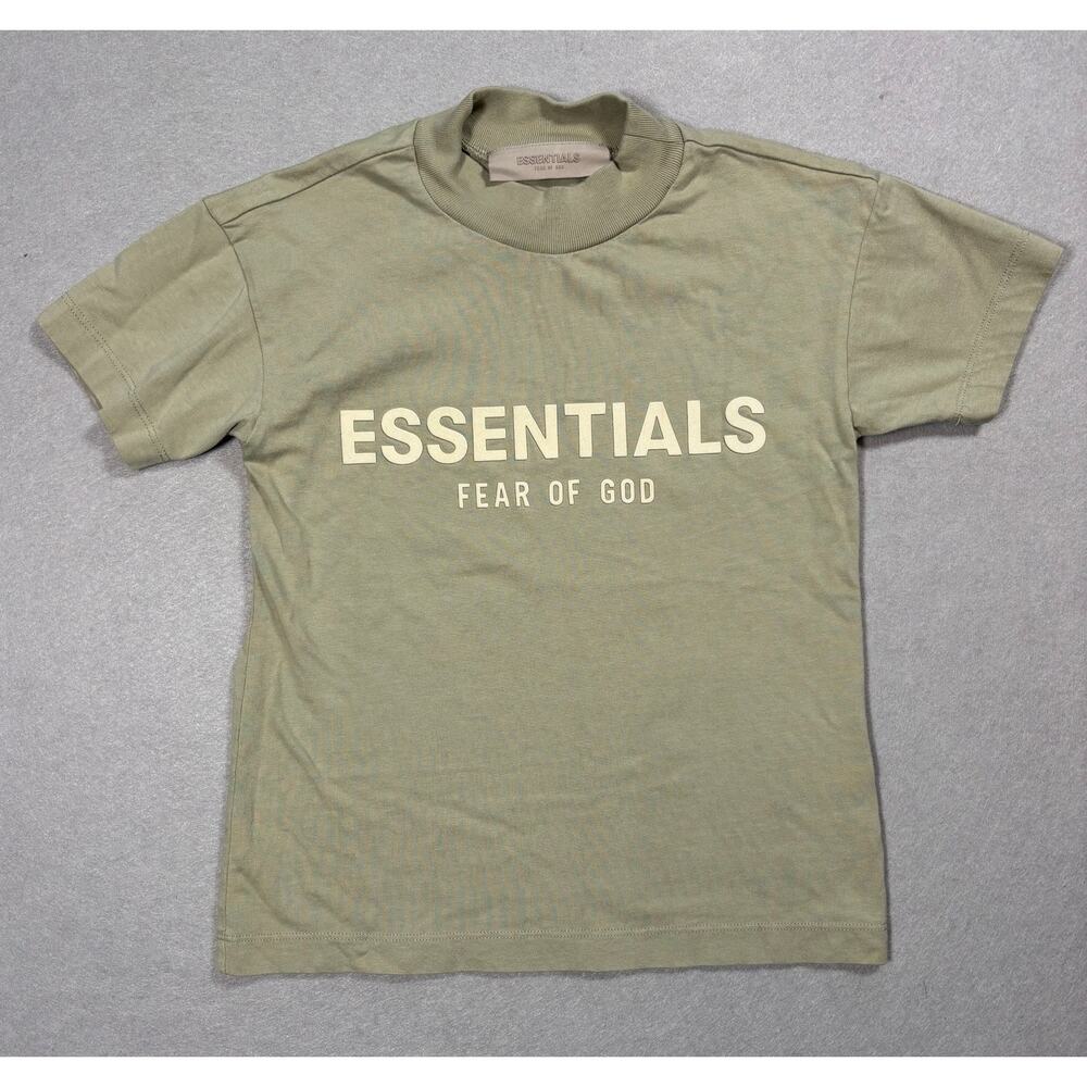 Essentials Fear of God Kids Tee Shirt-Short Sleeve Youth Sz 6/7 tan‎ olive Logo